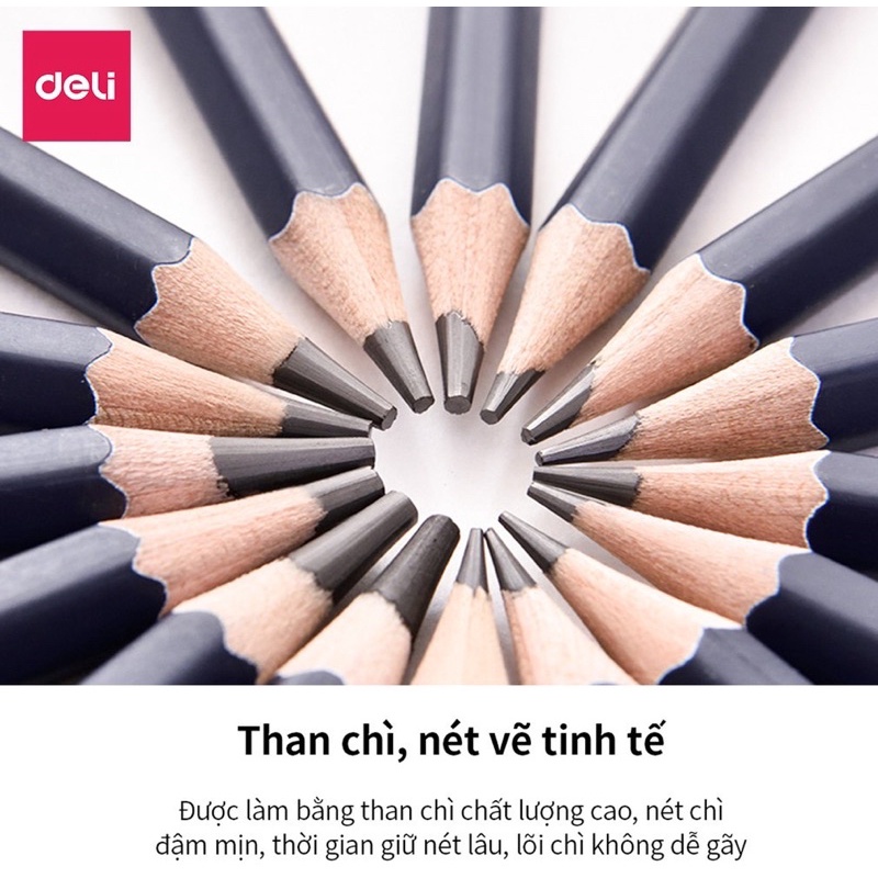 Bút chì phác thảo cao cấp Deli Độ cứng từ B - 14B, H, 2H, 3H, HB vẽ chuyên nghiệp mỹ thuật hội họa cụ đánh bóng khó gãy