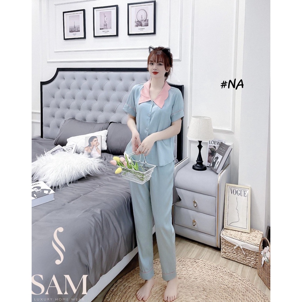 Bộ đồ Pijama mặc nhà hãng SAM cao cấp. SET đồ ngủ bizama chẩt vải lụa mềm mịn kiểu trơn đơn giản, cổ sen phối sóng