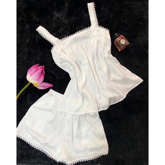 Set ngủ lụa 2 dây phối ren