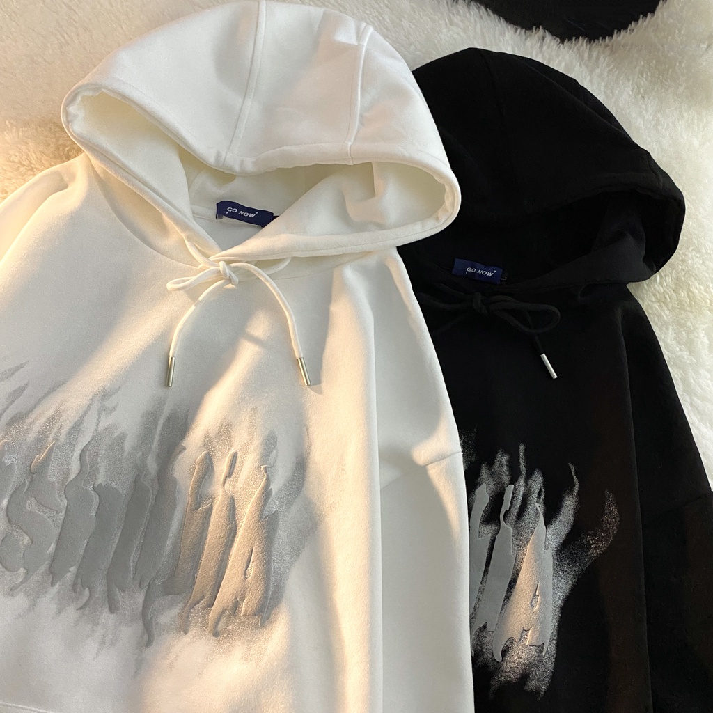 Áo hoodie dáng rộng rãi họa tiết in chữ phong cách cổ điển Hàn Quốc cho nữ