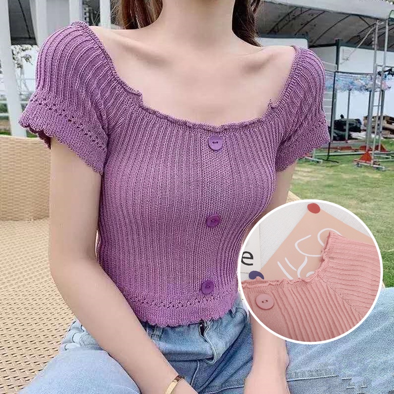Áo Kiểu Dệt Kim Mỏng Tay Ngắn Hở Vai Nhiều Màu Phong Cách Pháp Thanh Lịch Cho Nữ