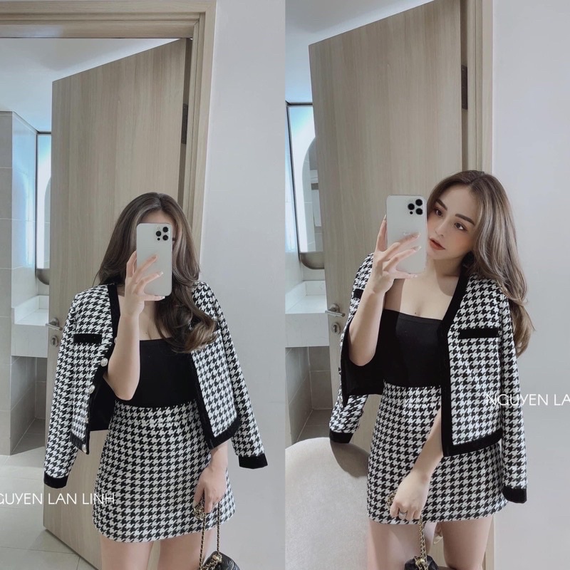 Set Dạ Kẻ Ziczac Hàn Quốc, Áo Khoác Mix Chân Váy Sang Chảnh Có Ảnh Thật