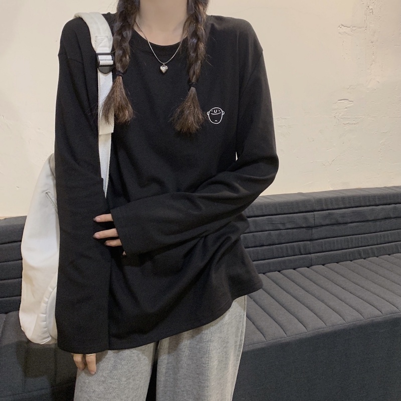 ZHELIHANGFEI Áo Thun Tay Dài Cổ Tròn Form Rộng Với Họa Tiết Thêu Đơn Giản Dễ Phối Đồ