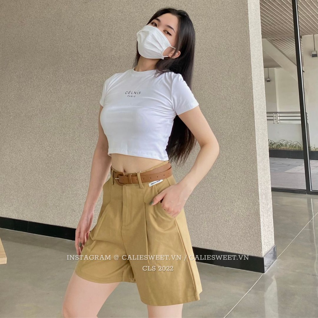Quần đùi kaki nữ Caliesweet quần short cạp cao kèm thắt lưng da