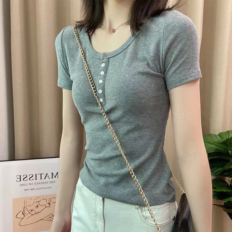 Áo thun BH tay ngắn dáng ôm cài khuy màu sắc đơn giản trẻ trung hợp thời trang