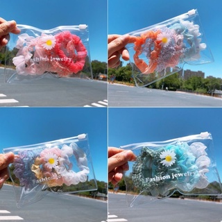 Set 5 Dây Buộc Tóc Scrunchies Túi Zip Hoa Cúc