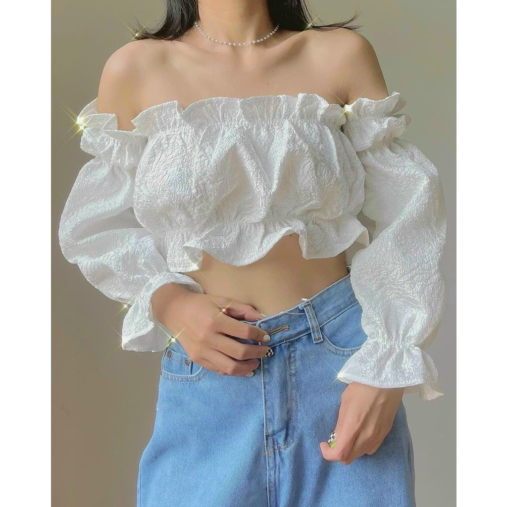 Áo croptop nữ trễ vai dài tay bồng nhún xòe dễ thương vải xốp HIJUNE CT06