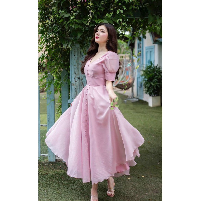 ĐẦM XOÈ TAY PHỒNG ĐÍNH NÚT BỌC ( ảnh thật 1000% )