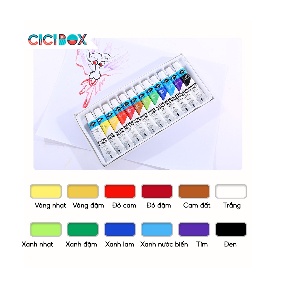 Màu nước dạng tuýp 12ml chuyên nghiệp dùng để vẽ tranh màu sắc đa dạng cao cấp CICIBOX
