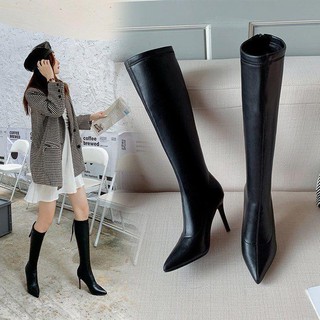 Giày Bốt Trên Đầu Gối Giày Cao Cấp Giày Hiệp Sĩ Giày Bốt Ống Dài Giày Bốt Ren Phiên Bản Hàn Quốc Đen Mũi Nhọn Cao @
