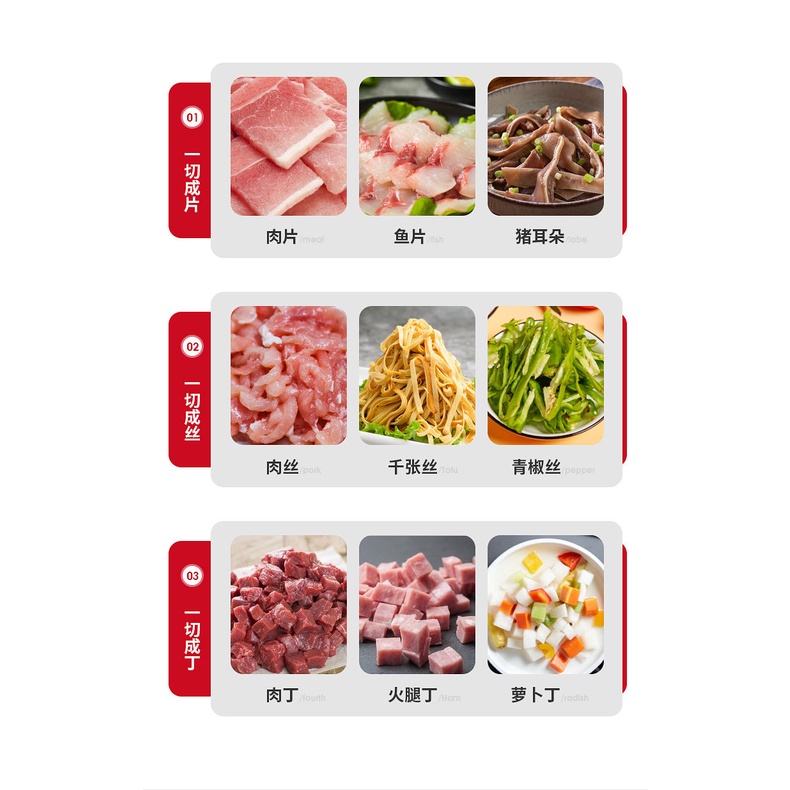 Máy cắt rau củ quả bằng điện tự động công suất cao bằng thép không gỉ gia dụng, thái sợi, thái hạt lựu và thái thịt