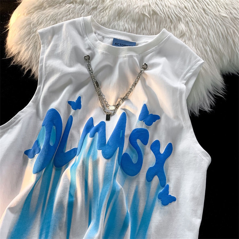 Jiashucheng Áo Thun Sát Nách Dáng Rộng In Chữ Graffiti Đường Phố Mỹ Thời Trang Mùa Hè Cho Các Cặp Đôi