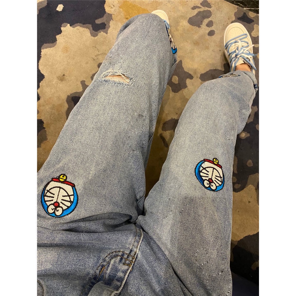 European station 2022 summer new embroidery robot cat jeans women's large size high waist style Harlan trousers trend