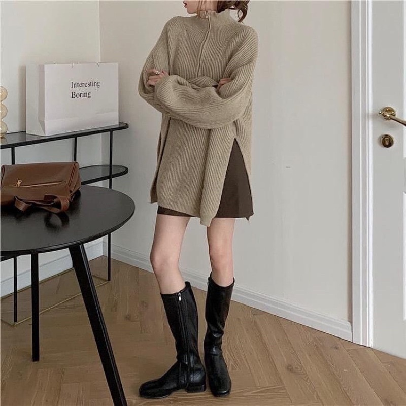 Aome - Áo len khoá zip dáng oversized Khaki Zip Sweater