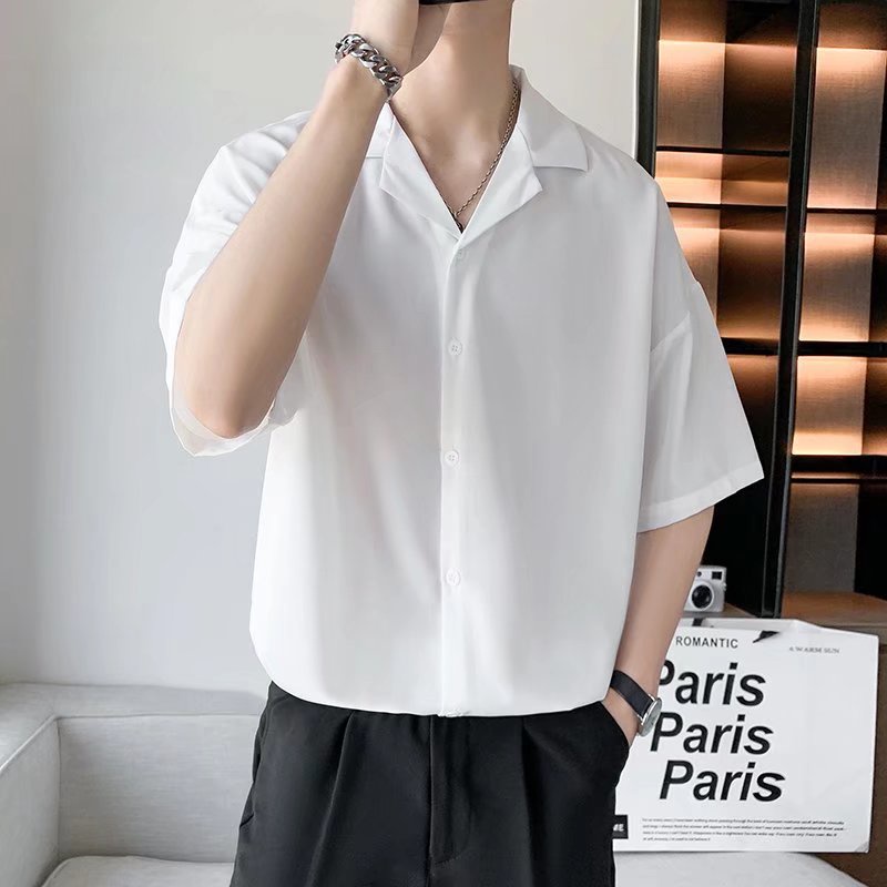 Áo Sơ Mi Tay Ngắn Màu Trơn Cổ Cao Phong Cách Hàn Quốc Sang Trọng Dành Cho Nam