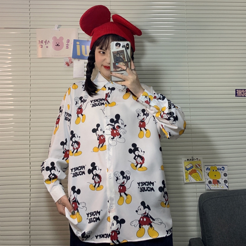 SUXI Áo Sơ Mi Tay Dài Dáng Rộng Hoạ Tiết Hoạt Hình Cho Nữ