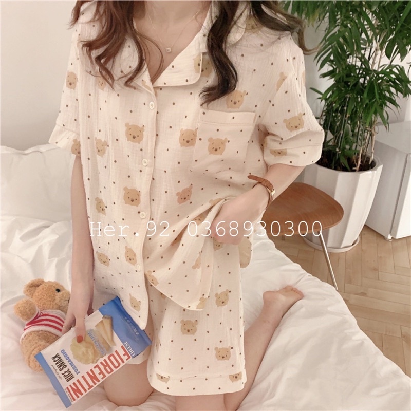 PIJAMA ĐŨI NỮ  - Bộ Cộc Quần Đùi Chất Đũi Thoáng Mát Màu Họa Tiết Gấu Pu, Đồ Mặc Nhà