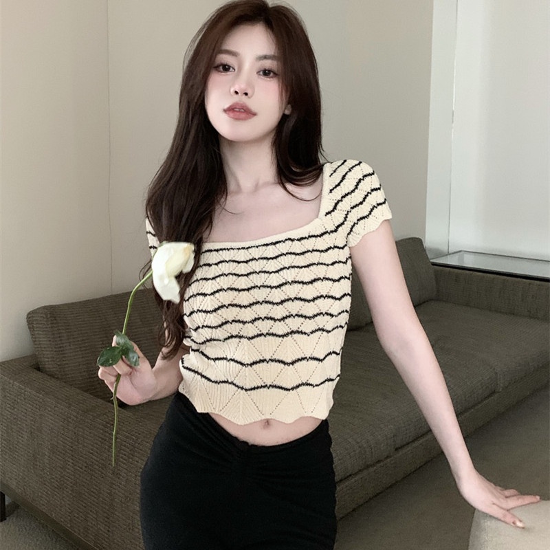 Áo Dệt Kim Ngắn Tay Cổ Vuông Họa Tiết Kẻ Sọc Thời Trang Cho Nữ