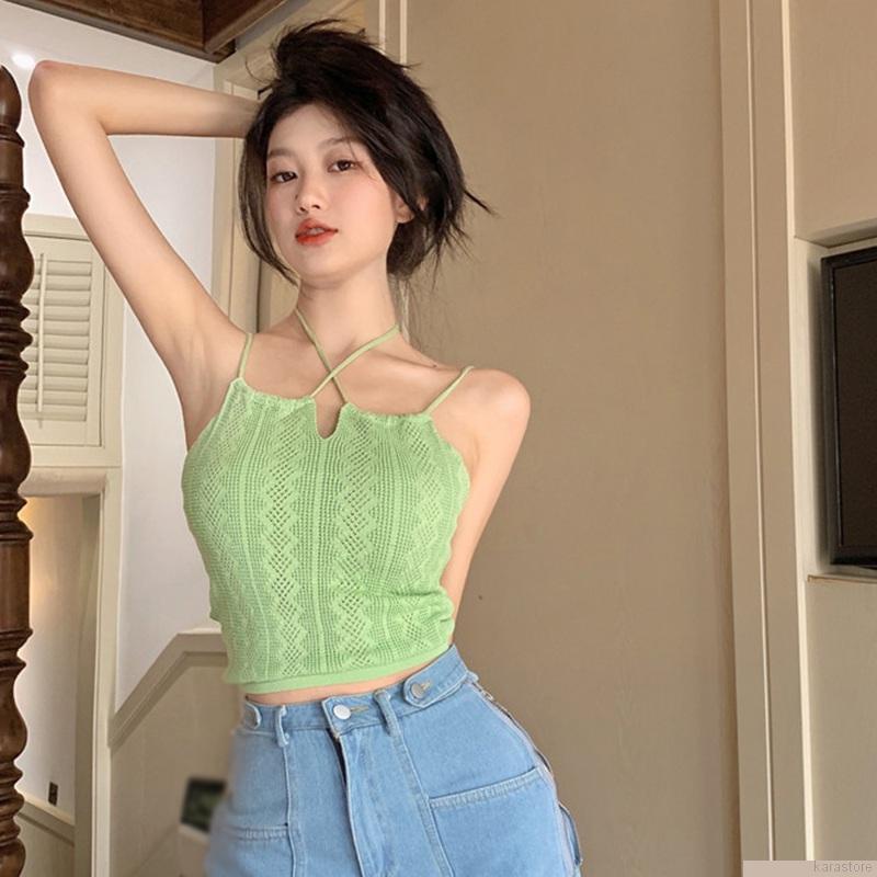 Áo dệt kim 2 dây màu trơn dáng ôm gợi cảm cho nữ