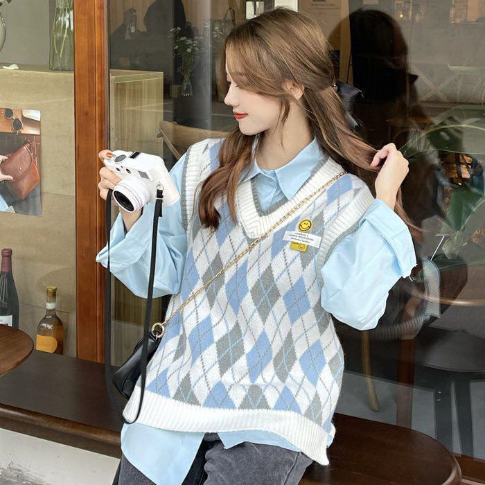 Áo len không tay cổ chữ v họa tiết sọc caro thời trang theo phong cách hàn quốc cho nữ
