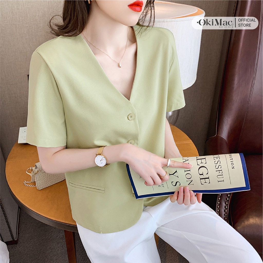 Áo sơ mi nữ ngắn tay cổ tim chữ v phong cách ulzzang hàn quốc đẹp chất lụa ý cao cấp không nhăn thời trang nữ OKIMAC | BigBuy360 - bigbuy360.vn