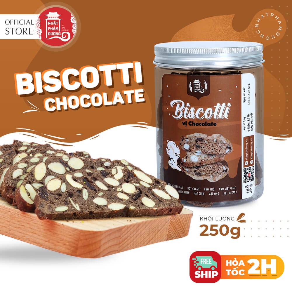 Bánh Biscotti vị socola 250g Nhất Phẩm Đường 100% bột nguyên cám đồ ăn vặt eat clean