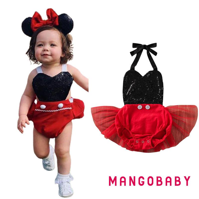 Bộ áo liền quần cổ yếm hở lưng cột dây đính kim sa lấp lánh thời trang mùa hè cho bé gái từ 0-24 tháng tuổi
