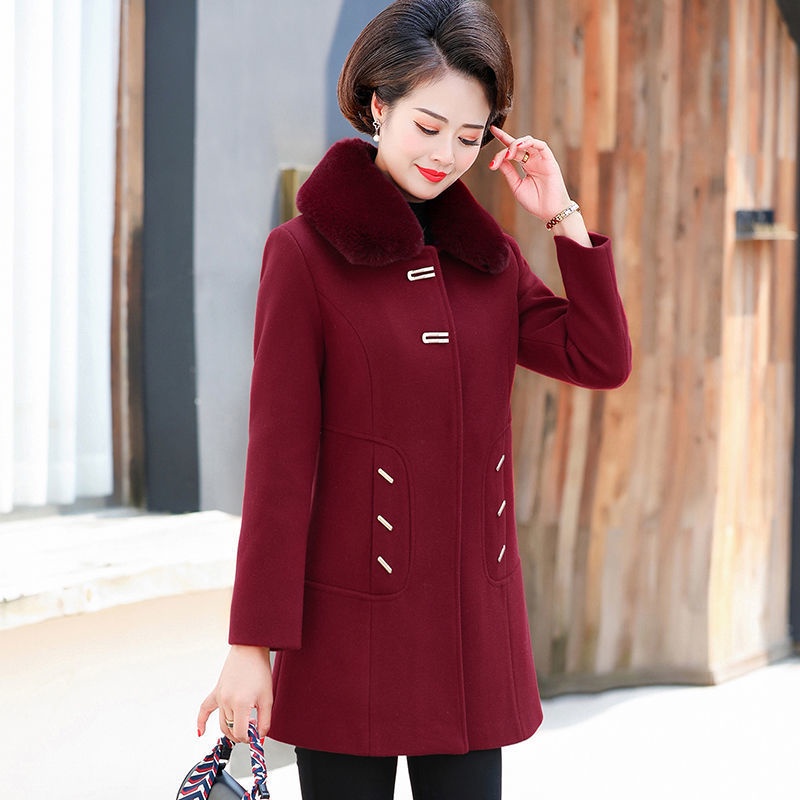 Áo khoác len nữ trung niên và người già, niên, đầm mẹ thu đông cotton 40-50