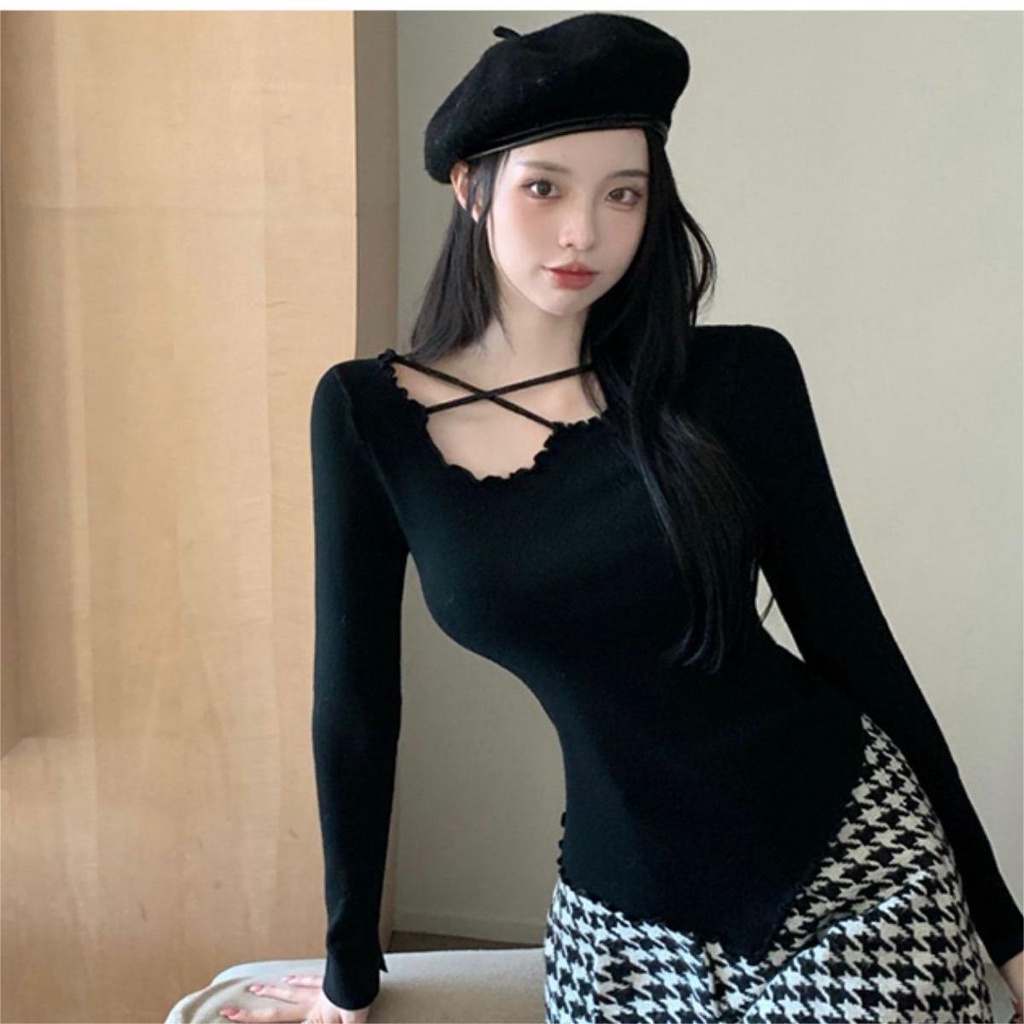 Áo dệt kim ZHELIHANGFEI tay dài thiết kế không cân xứng thời trang cho nữ