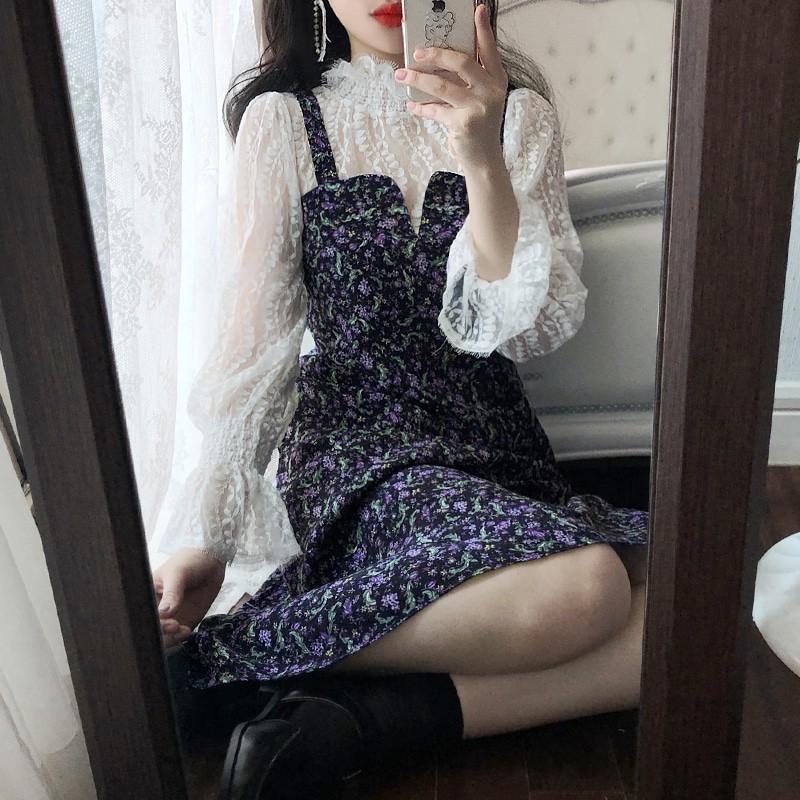 Sét váy hoa tím + áo ren trắng (bán rời sét) bigsize cho người béo từ 50kg -90kg (Hàng oder chuẩn hình 100%) 170820