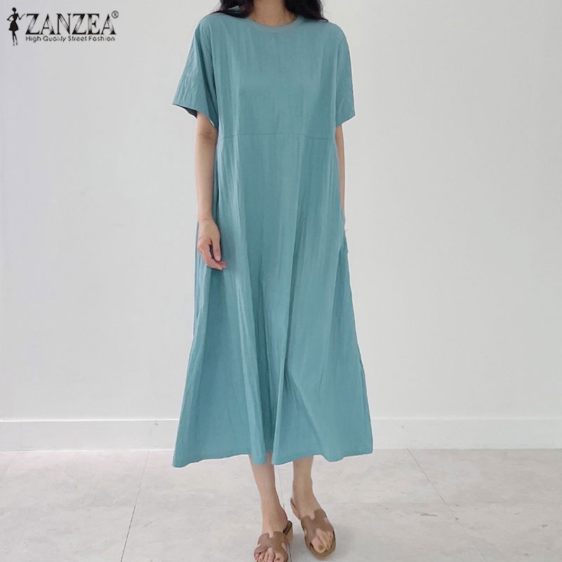Đầm ZANZEA dài tay ngắn cổ tròn màu trơn thời trang đường phố cho nữ