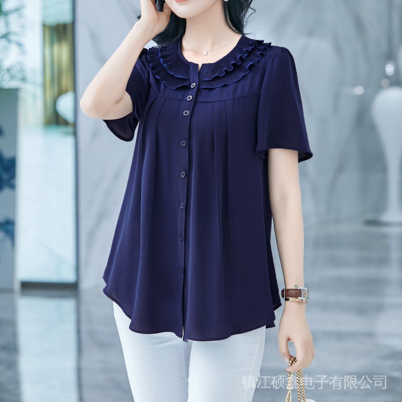 Áo Sơ Mi Tay Ngắn Dáng Rộng Cỡ Lớn Che Bụng Kiểu Phương Tây Dễ Thương Cho Nữ Trung Niên