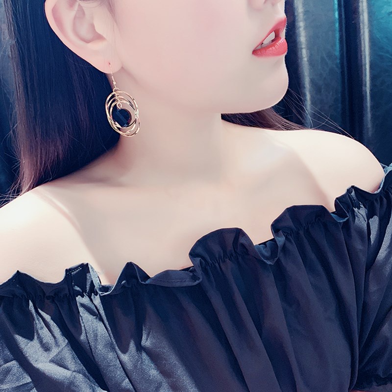 Đôi Bông Tai Vòng Tròn Đen Đính Đá Thời Trang Cho Nữ