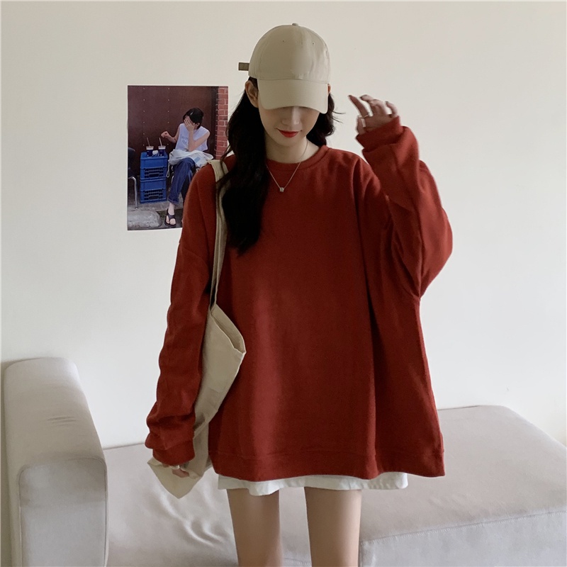 Áo sweater dáng rộng tay dài cổ tròn màu sắc đơn giản thời trang phong cách Hàn Quốc