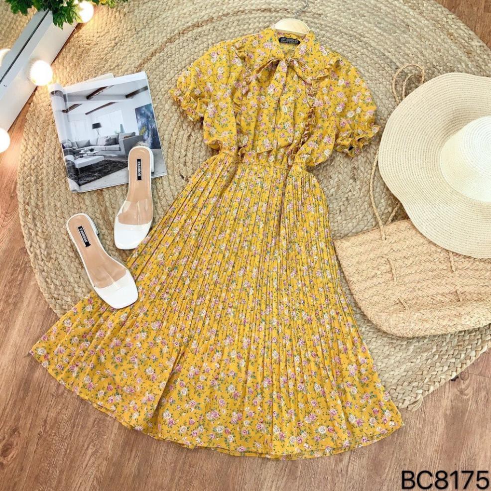 Đầm Maxi hoa, xếp li cách điệu, phối cổ nơ xinh xắn, vô cùng nữ tính VINTAGE STORE Đẹp !