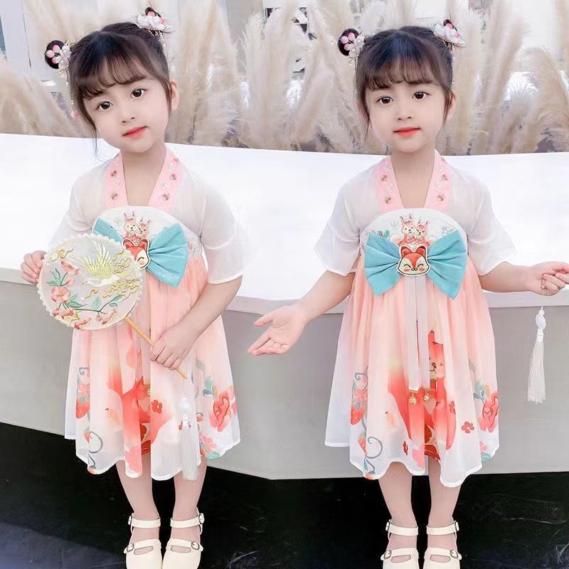 Đầm Hán Phục Tay Ngắn Chất Liệu Chiffon Thêu Họa Tiết Đính Nơ Thời Trang Mùa Hè Mới 2022 Cho Bé Gái