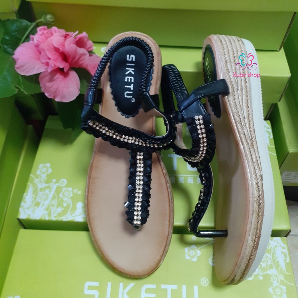 Sandal xỏ ngón Siketu, quai đính hạt xinh xắn, đế xuồng 4.5cm (có sẵn)