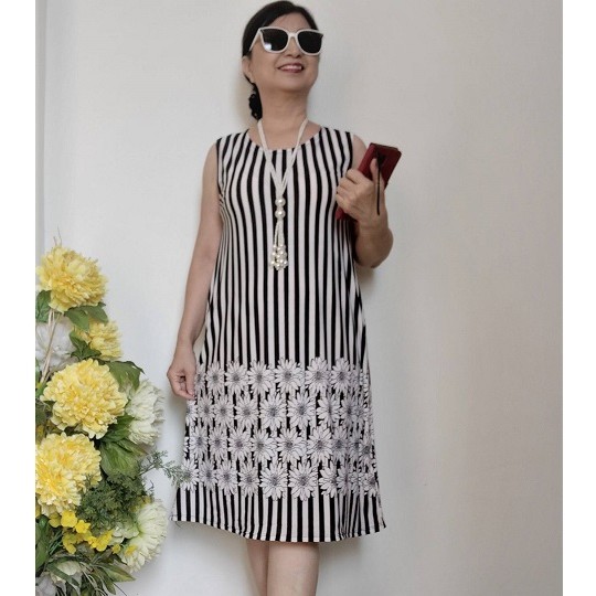 Size L, XL : Váy Đầm Trung Niên Sát Nách - Thun Aty Co Giãn Thoải Mái - Form Suông Che Bung