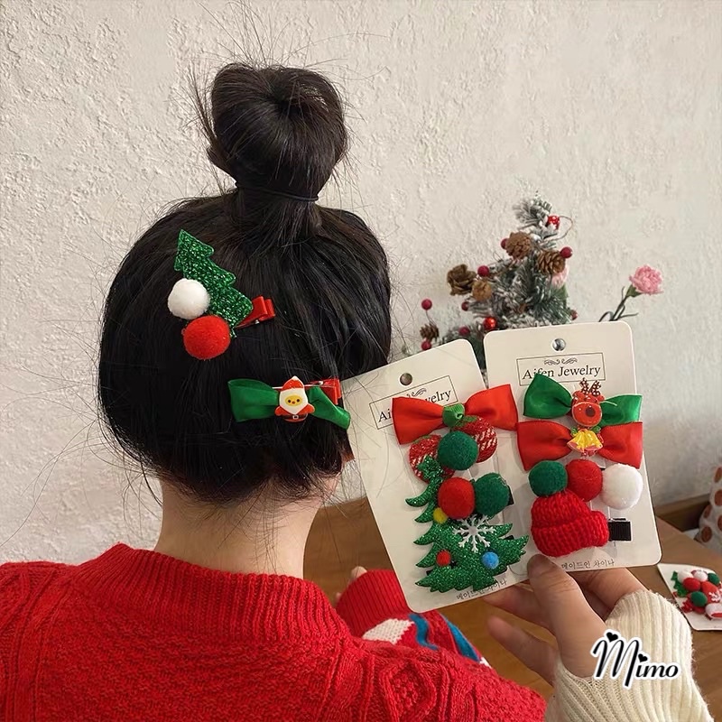 Kẹp tóc giáng sinh ngọt ngào cute, set 4 món kẹp cây thông, ông già noel, mũ len mẫu mới 2021