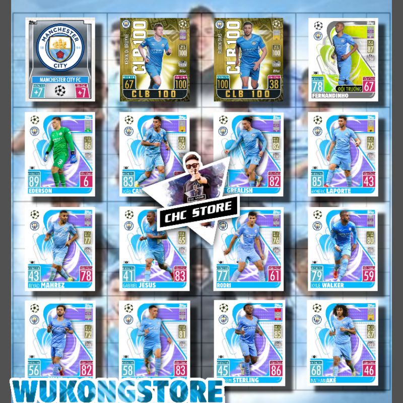 Set combo 24 thẻ cầu thủ Manchester city match attax 2021/22 mancity man city size poca