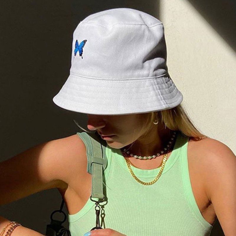 Mũ Bucket Unisex Thêu Hình Bướm Phong Cách Harajuku