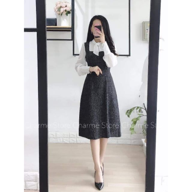 Set Váy denim phối sơ mi buộc nơ thu đông dáng công sở siêu xinh