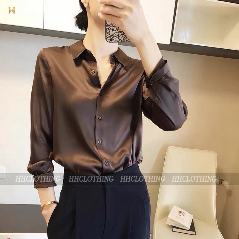 Áo sơ mi lụa trơn dáng basic rộng rão, trẻ trung HH Clothing
