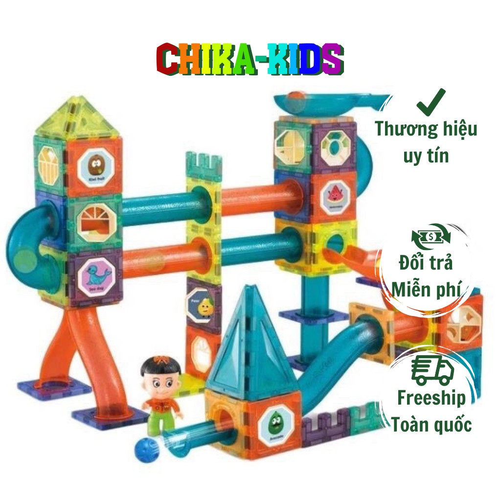 Xếp hình nam châm cầu trượt thả bi nhiều chi tiết, lắp ghép nam châm, xếp hình lego