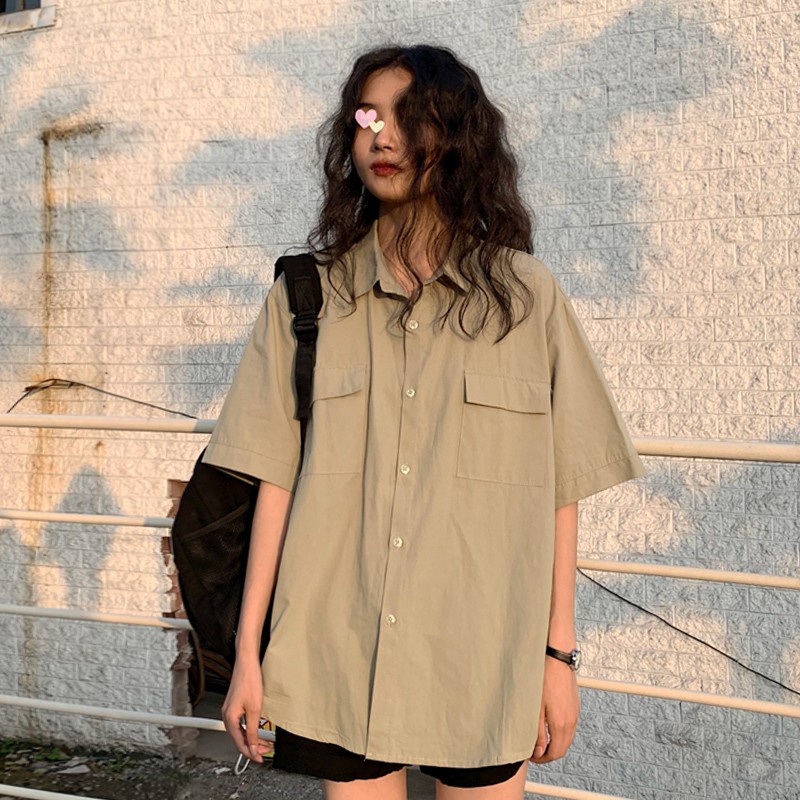 Áo sơ mi tay ngắn 2 túi màu trơn phong cách retro Hàn Quốc 5 màu 1hit_Unisex
