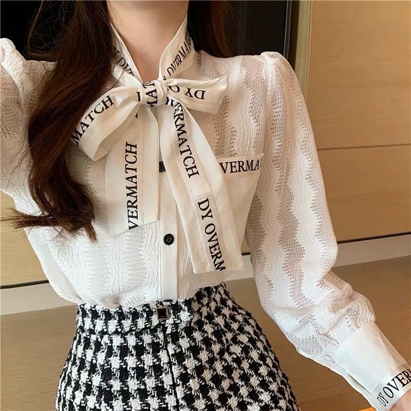 SET ÁO SƠ MI CỔ NƠ CHỮ + QUẦN DẠ KẺ CARO ĐEN