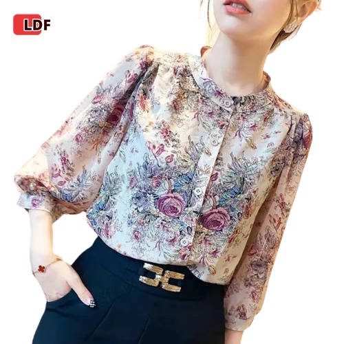 Áo Sơ Mi Chiffon Tay Lỡ 3 / 4 Cổ Tròn Họa Tiết Hoa Thời Trang Cho Nữ