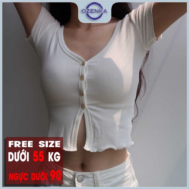 Áo croptop nữ kiểu ôm sexy cổ vuông cài khuy OZENKA , áo crt ngắn tay đẹp thun gân 100% cotton màu đen trắng dưới 55 cân