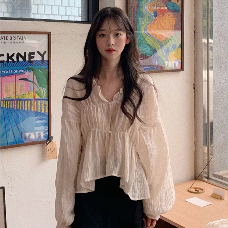 SUXI Áo kiểu màu trắng tay dài cổ chữ V thời trang Hàn Quốc thanh lịch