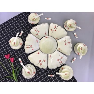 Bộ bát đĩa hoa mặt trời hoa đào đỏ men kem Bát Tràng